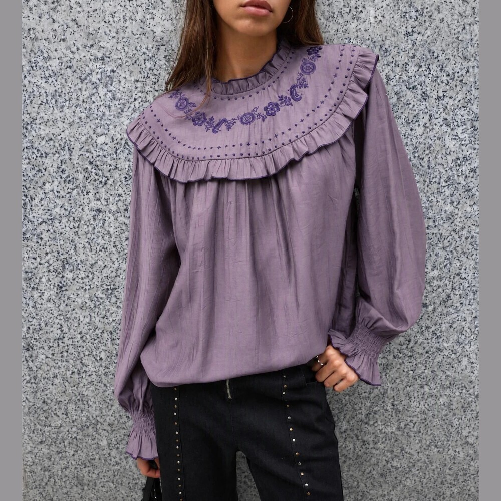 Mauve Pink Ruffled Yoke Floral Trim Stand Collar Blouse